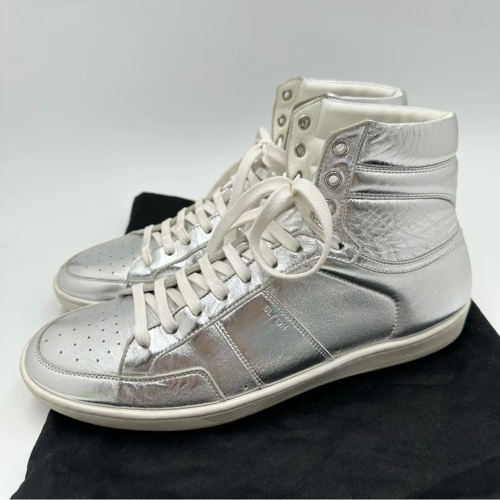 Saint Laurent Men's Metallic Silver Leather Hi-top Sneaker 418026 - Picture 6 of 11